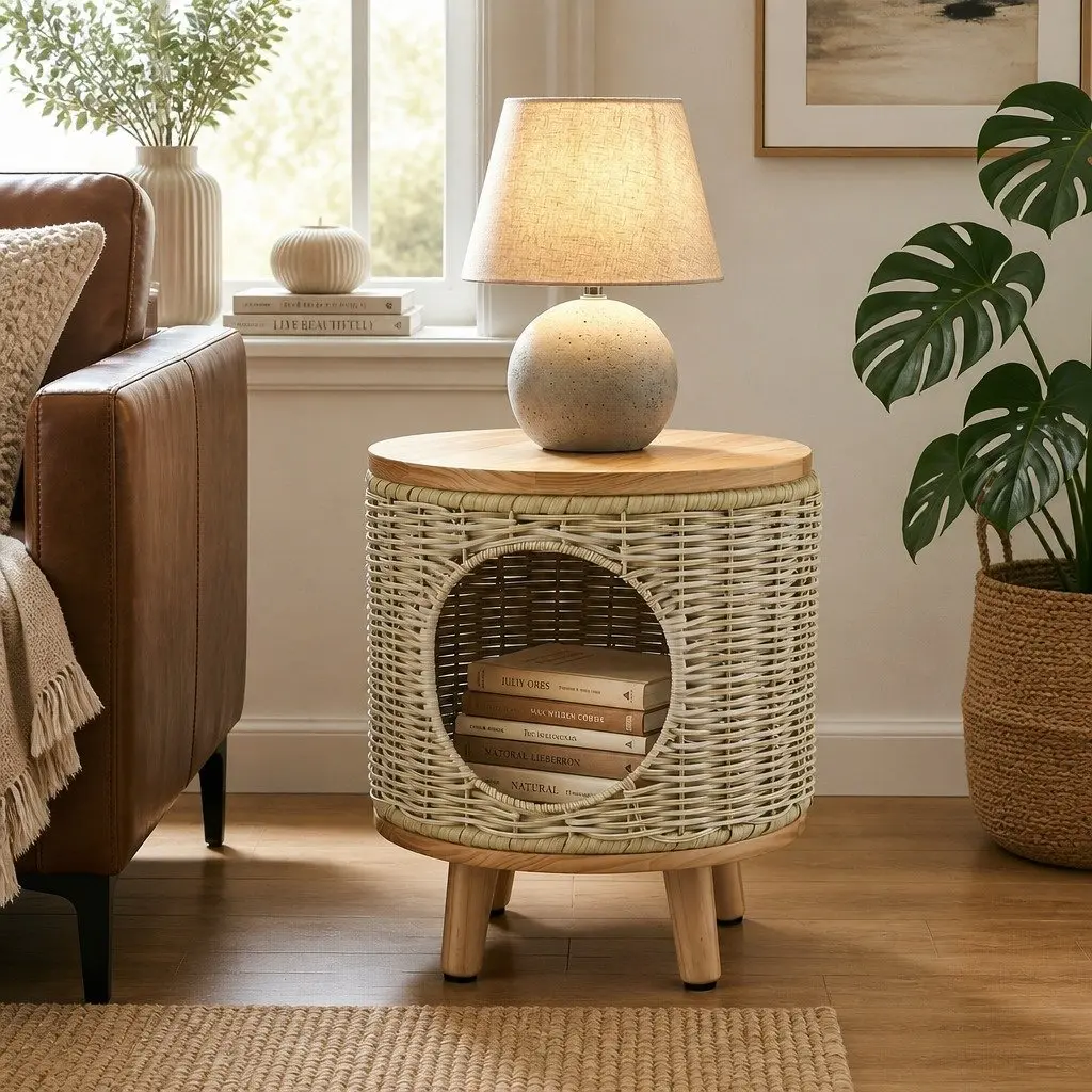 Wicker Side Table with Steel Frame 2-in-1 Coffee Table and Pet Bed Indoor Outdoor Beige