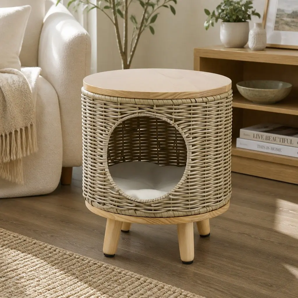 Wicker Side Table with Steel Frame 2-in-1 Coffee Table and Pet Bed Indoor Outdoor Beige