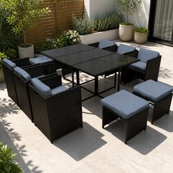 Outdoor Dining Set 11 Piece Wicker Table Chairs Ottoman Black 10 Seater Patio