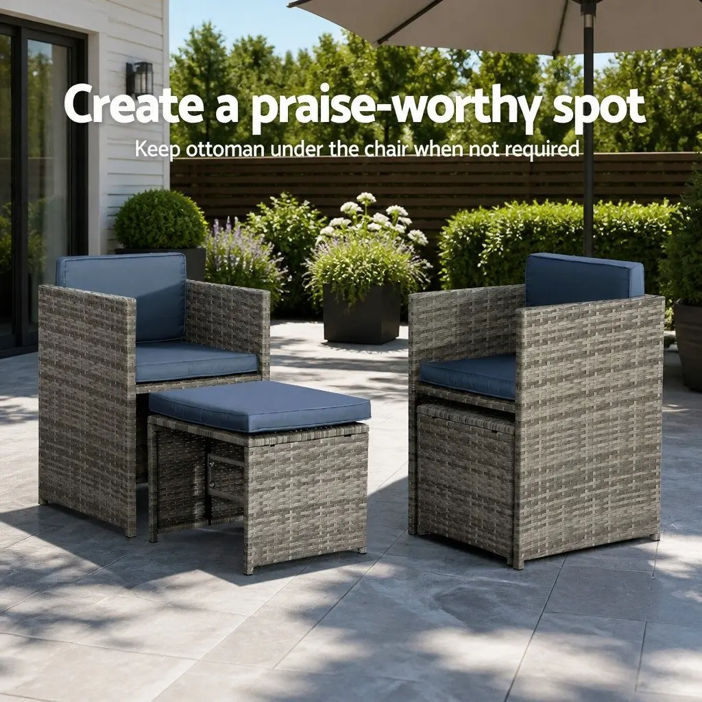 Outdoor Dining Set 11 Piece Wicker Table Chairs Ottomans Grey