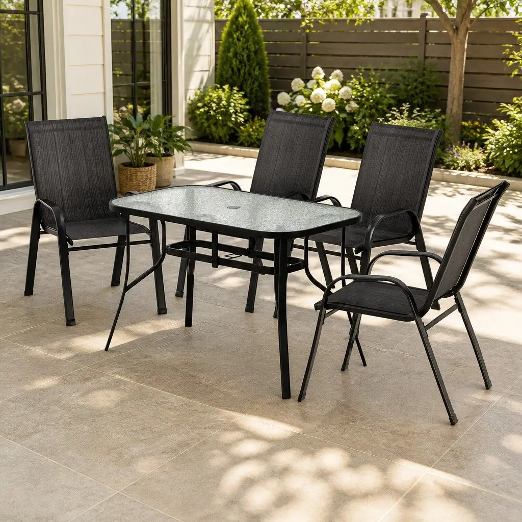 5 Piece Outdoor Dining Set Black Steel Frame Glass Table Stackable Chairs Patio