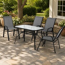 5 Piece Outdoor Dining Set Glass Table Stackable Chairs Patio Furniture Grey