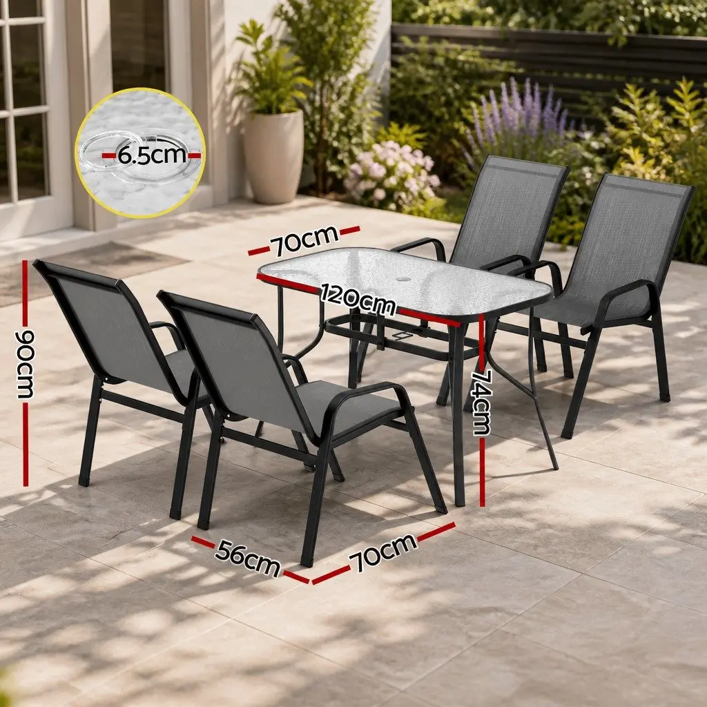 5 Piece Outdoor Dining Set Tempered Glass Table Stackable Chairs Grey