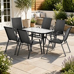 7 Piece Outdoor Dining Set Glass Table Stackable Chairs Patio Furniture Black