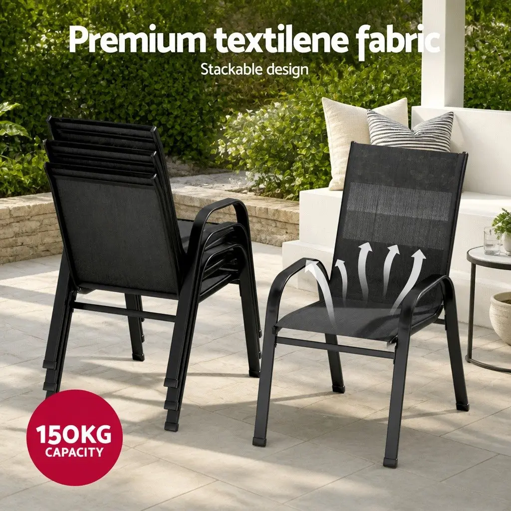 7 Piece Outdoor Dining Set Tempered Glass Table Stackable Chairs Patio Furniture Black
