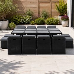 Outdoor Dining Set 13 Piece Wicker Table Chairs Ottomans Black Garden Furniture