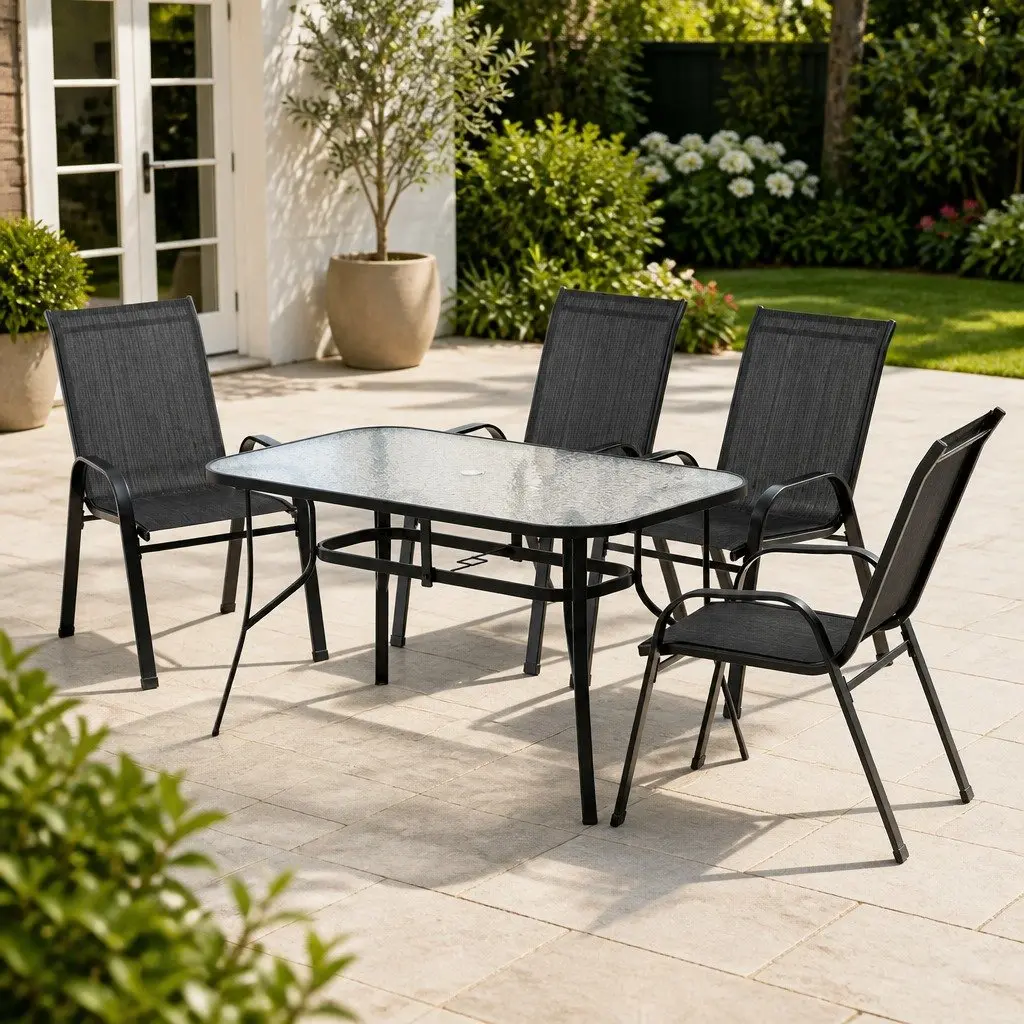 5 Piece Outdoor Dining Set Black Steel Frame Tempered Glass Table Stackable