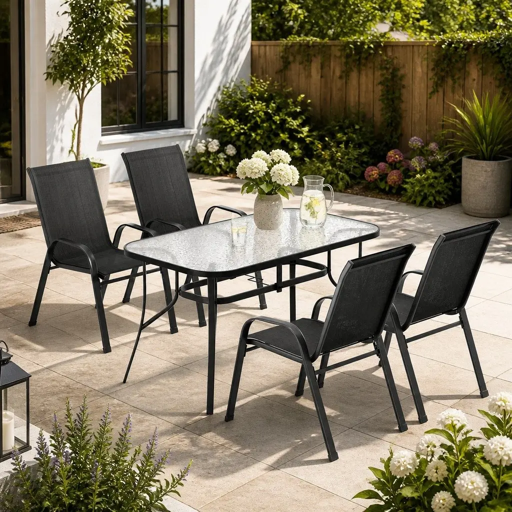5 Piece Outdoor Dining Set Tempered Glass Table Black Steel Frame Stackable Chairs
