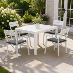 Outdoor Dining Set 5 Piece Extendable Table Chairs Aluminum White Grey Cushions