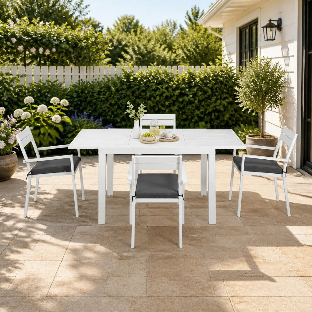 Outdoor Dining Set Extendable Table 5 Piece Aluminium White Grey Cushions