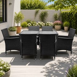 Outdoor Dining Set 7 Piece Wicker Lounge Chair Table Black Garden Furniture