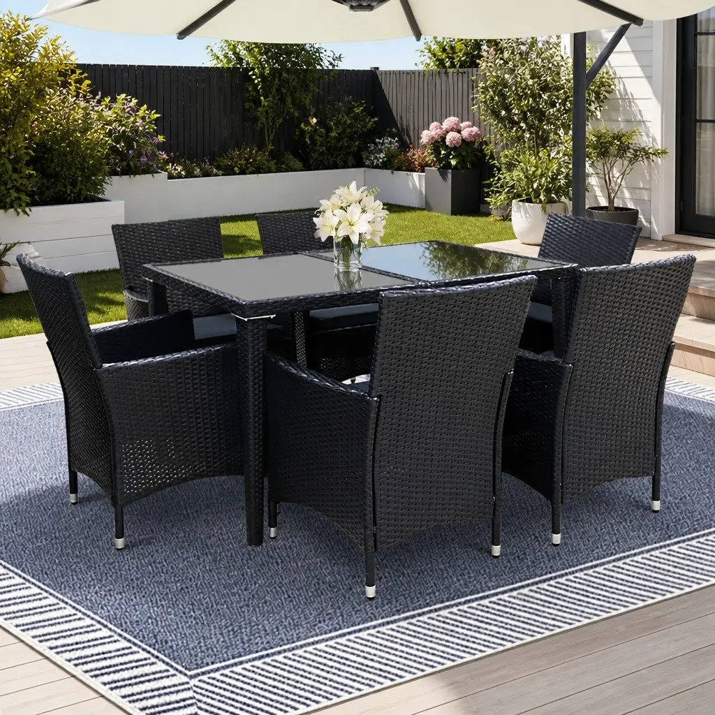 Outdoor Dining Set 7 Piece Wicker Lounge Chair Table Black