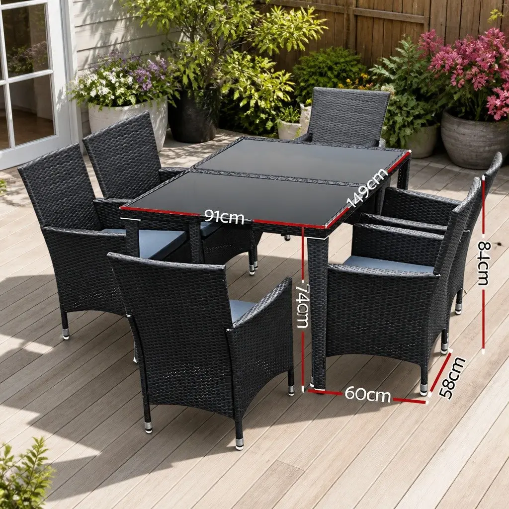 Outdoor Dining Set 7 Piece Wicker Lounge Chair Table Black