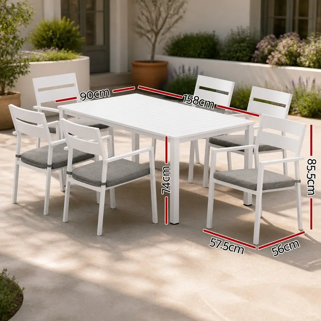 Outdoor Dining Set 7 Piece Powder Coated Aluminium Frame White with Grey Cushions