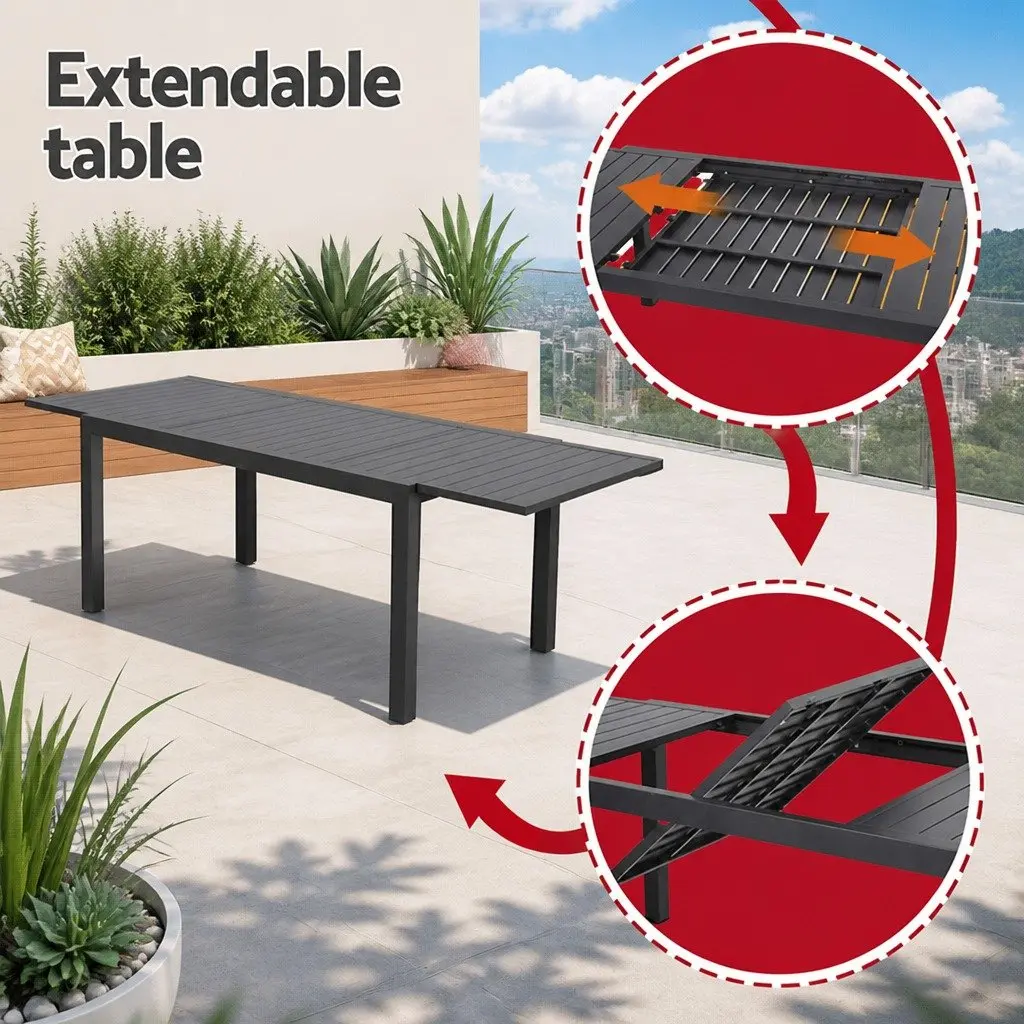 Outdoor Dining Set Extendable Aluminium Table and Chairs 9 Piece Black and Grey