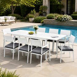 Outdoor Dining Set 9 Piece Extendable Table 8 Chairs Patio Furniture White