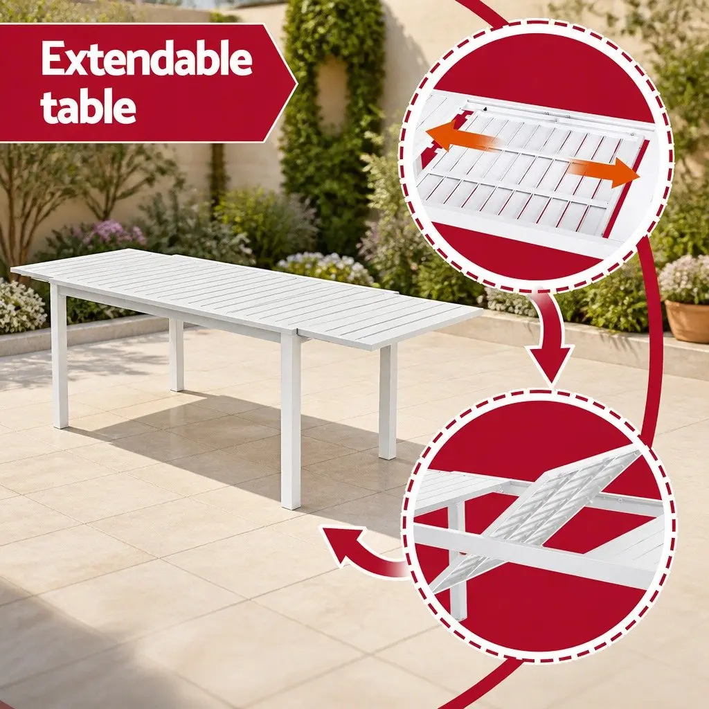 Outdoor Dining Set Extendable Table and 8 Chairs Aluminium White and Grey