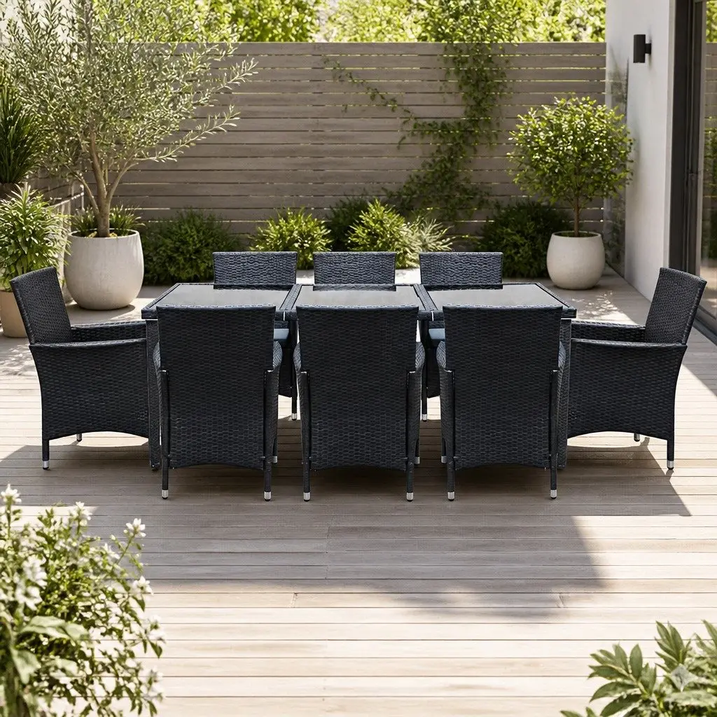 Outdoor Dining Set 9 Piece Wicker Lounge Chairs Table Black