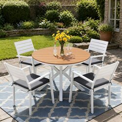 Outdoor Dining Set 5 Piece Round Table Stackable Chairs Patio Furniture White