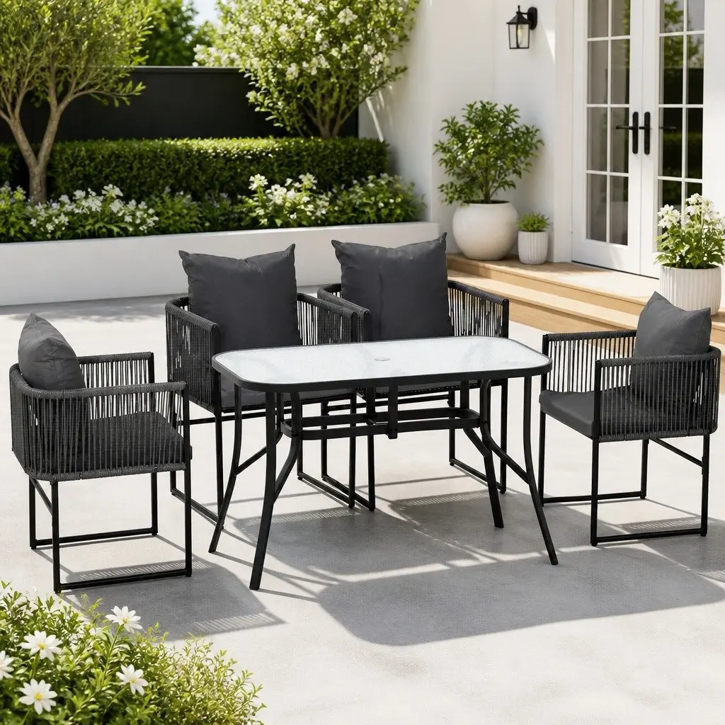 5 Piece Outdoor Dining Set Glass Table Black Rope Chairs Patio Furniture