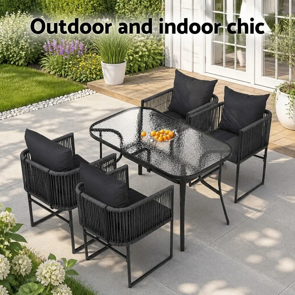 5 Piece Outdoor Dining Set Glass Table Black Rope Chairs Patio Furniture
