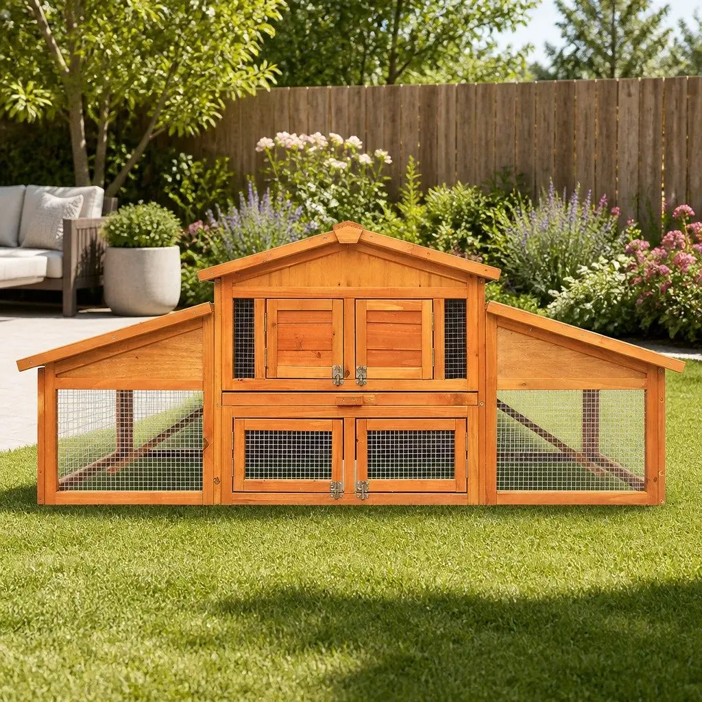 Wooden Chicken Coop Rabbit Hutch Spacious 169cm Two Levels Fir Wood Enclosure