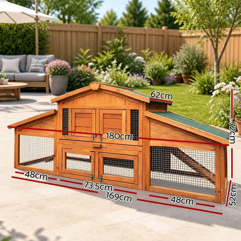 Wooden Chicken Coop Rabbit Hutch Spacious 169cm Two Levels Fir Wood Enclosure