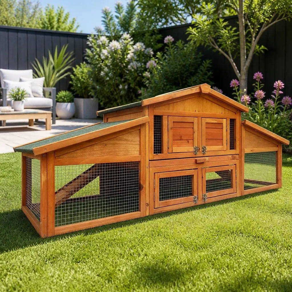Wooden Chicken Coop Rabbit Hutch Spacious 169cm Two Levels Fir Wood Enclosure