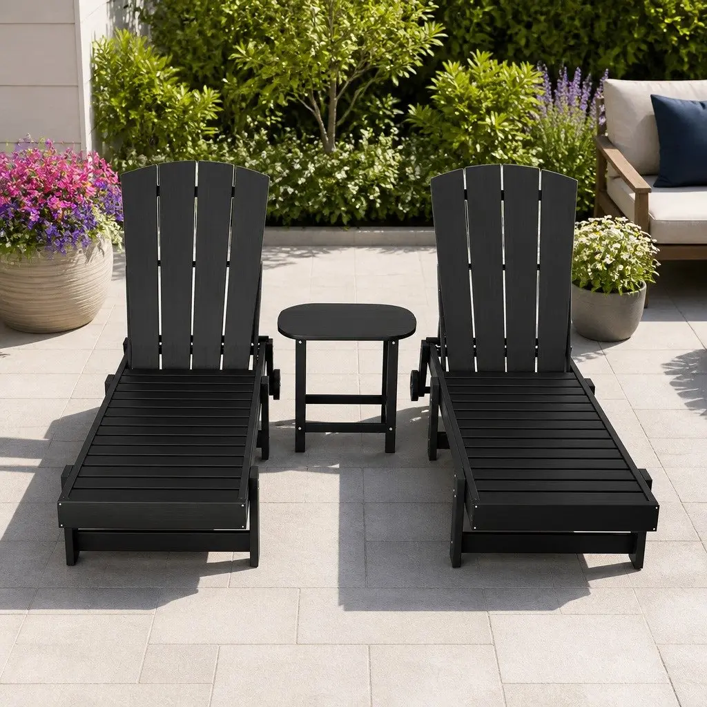 3-Piece Outdoor Lounger Set Adjustable Chaise Lounger Black