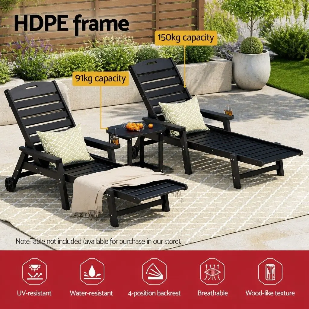 Sun Lounge Chair 2-Piece Set Adjustable Reclining Black Outdoor Furniture