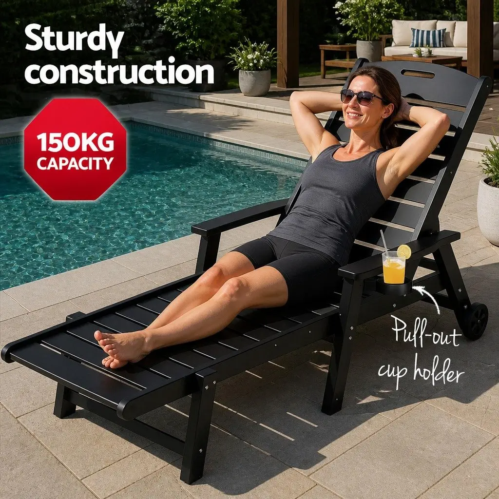 Sun Lounge Chair 2-Piece Set Adjustable Reclining Black Outdoor Furniture