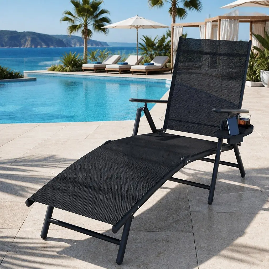 Outdoor Sun Lounger Folding Beach Chair Aluminium Frame Adjustable Backrest
