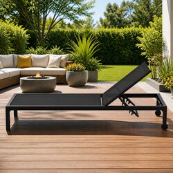 Sun Lounger Outdoor Folding Beach Chair Adjustable Backrest Wheels Black