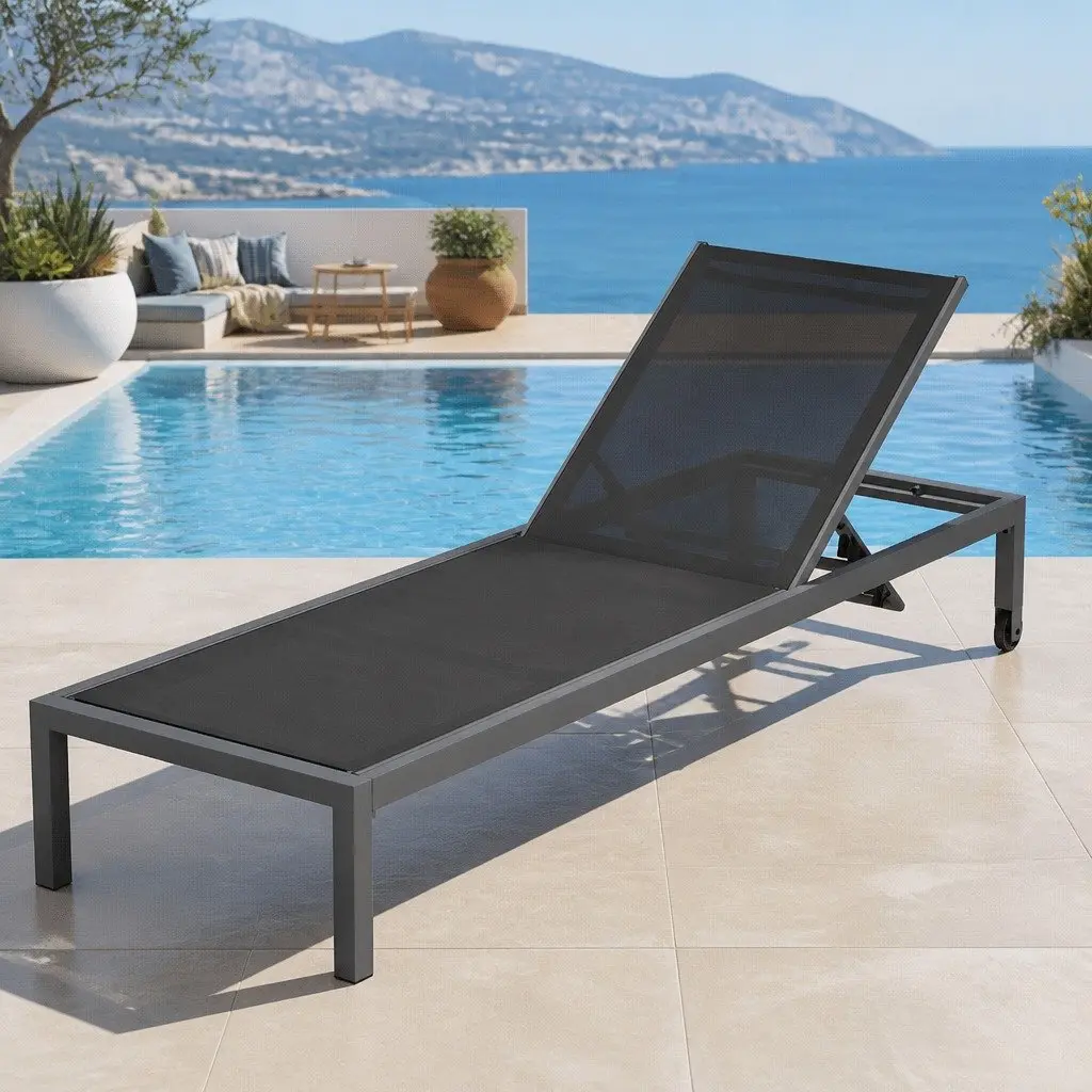 Outdoor Sun Lounger Folding Beach Chair Adjustable Backrest Wheels Patio Grey