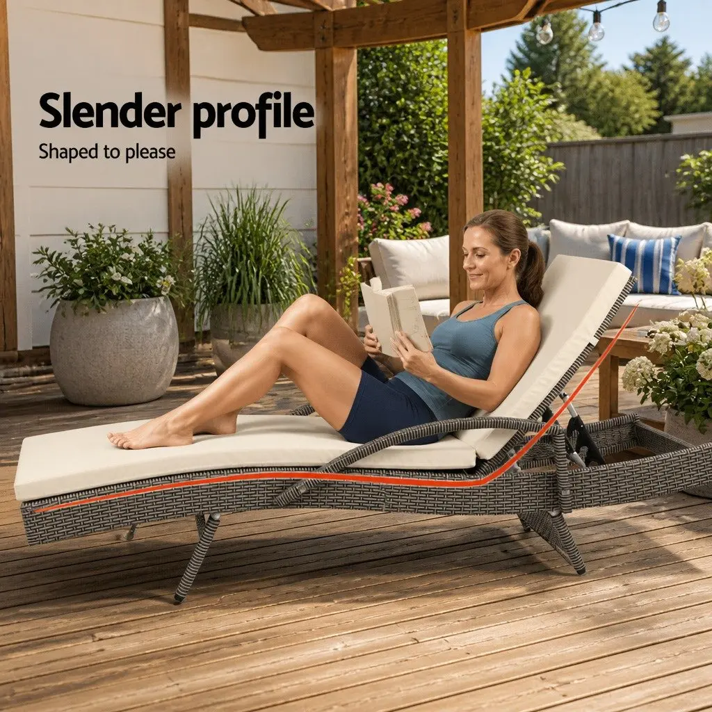 Sun Lounge Chair Adjustable Backrest 2 Piece Wicker Outdoor Furniture Grey and Beige