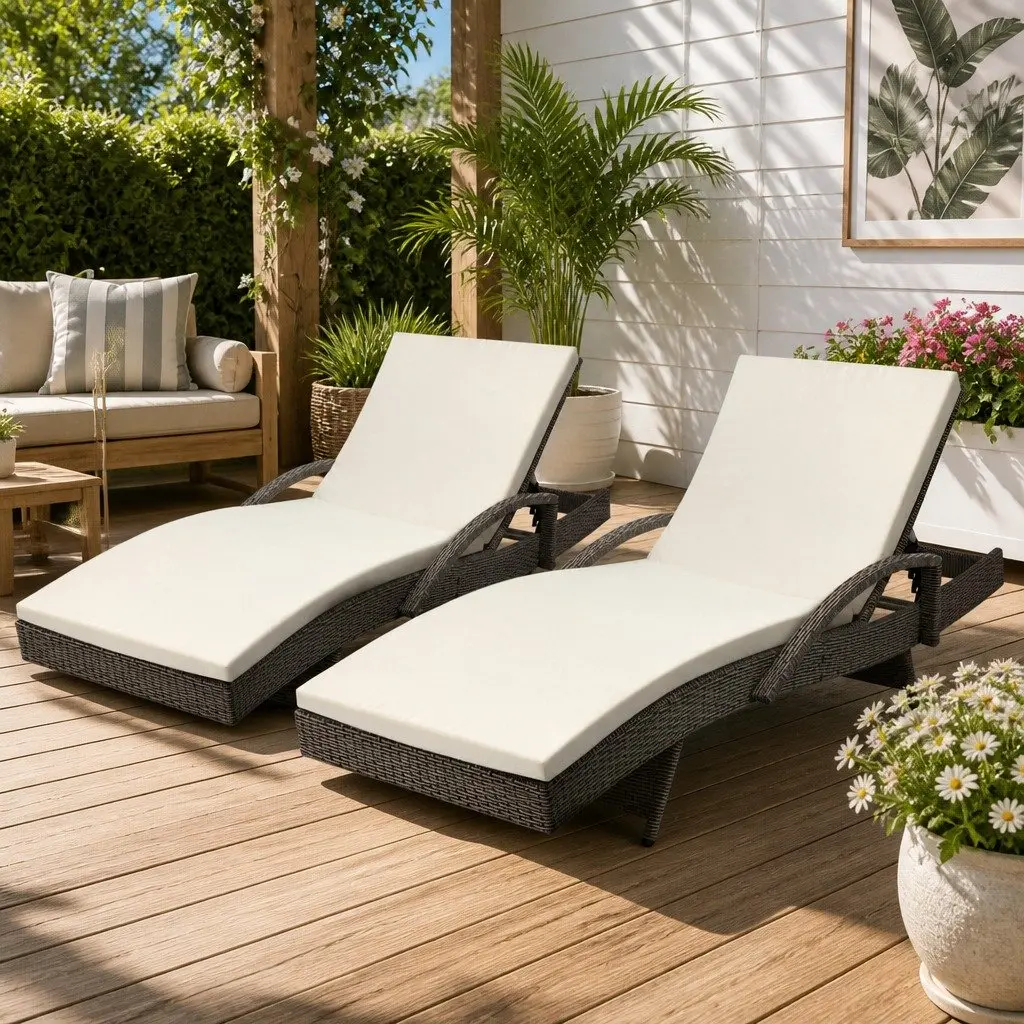 Sun Lounge Chair Adjustable Backrest 2 Piece Wicker Outdoor Furniture Grey and Beige