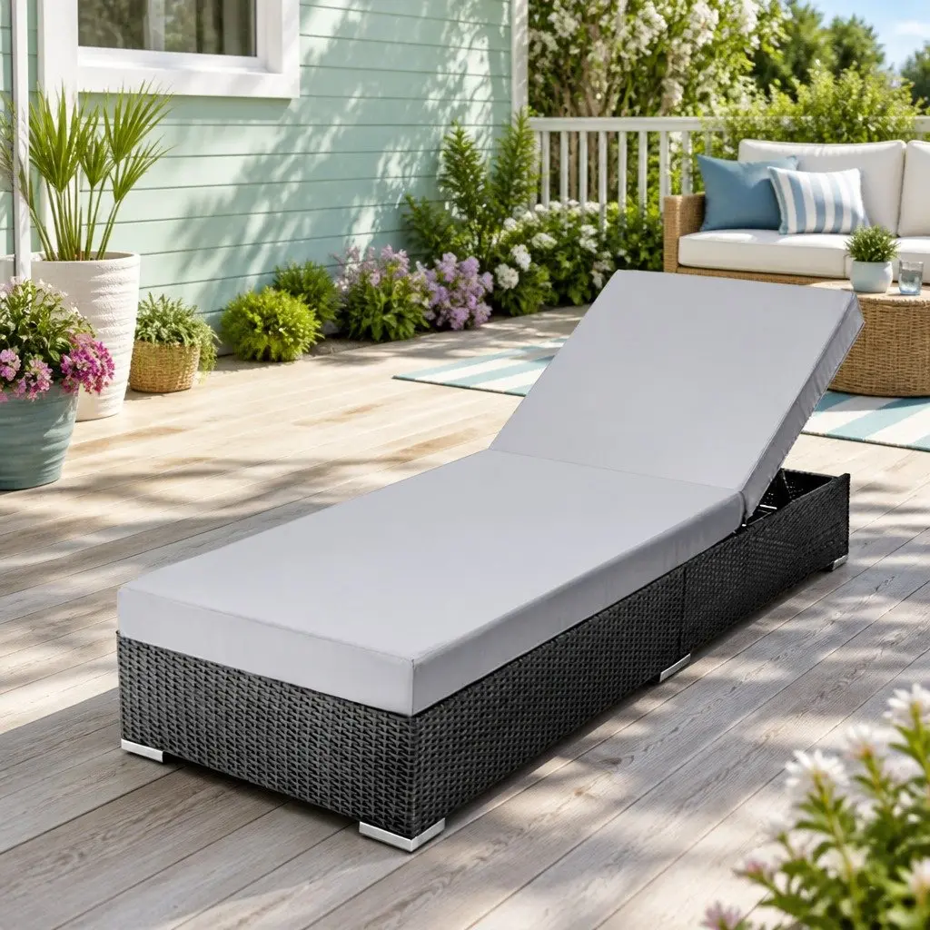 Wicker Sun Lounge Adjustable Lounger Outdoor Furniture with Cushion Black Aluminium Frame