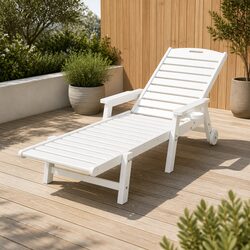 Adjustable Sun Lounger Outdoor Patio Chair with Wheels and Cup Holder White