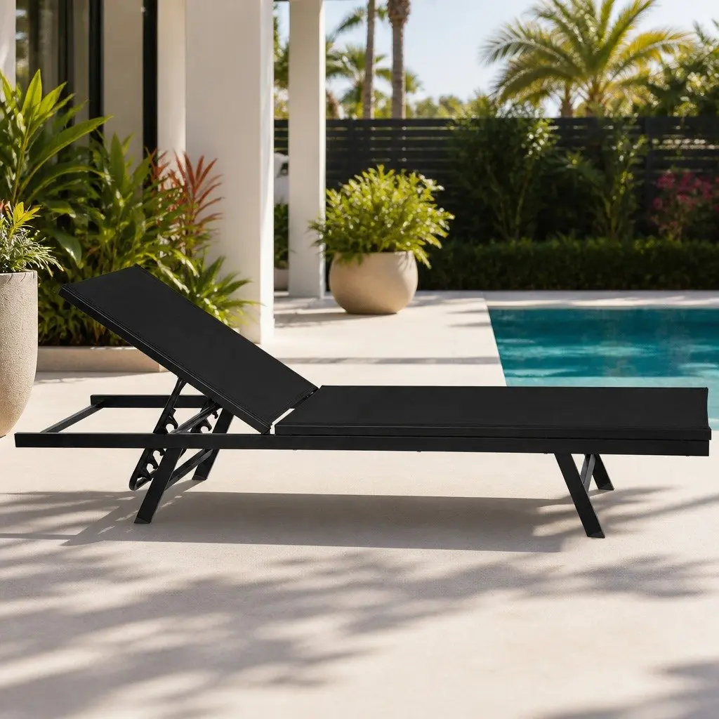 Outdoor Sun Lounger Adjustable 6-Position Steel Frame Black Textilene