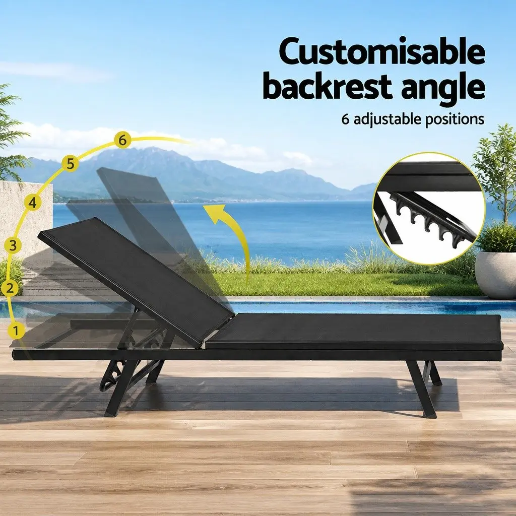 Outdoor Sun Lounger Adjustable 6-Position Steel Frame Black Textilene