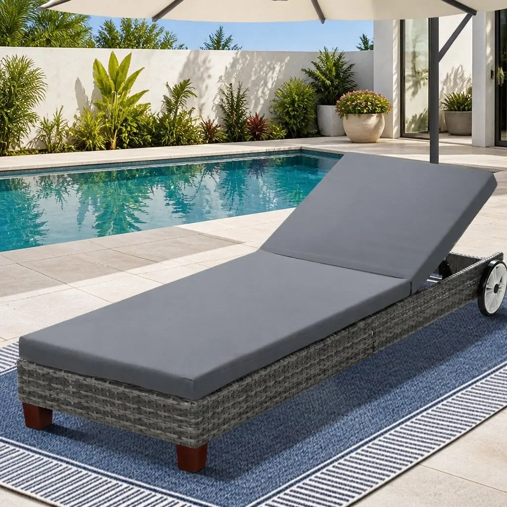 Outdoor Sun Lounge Wicker Lounger Daybed with Wheels Adjustable Backrest Grey