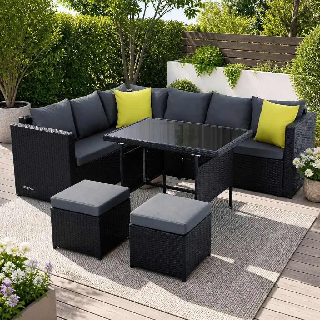 Outdoor Dining Sofa Set Modular Seating Black Wicker Aluminum Frame Cushioned Seats Tempered Glass Table