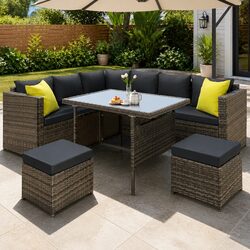 Outdoor Dining Sofa Set Grey Wicker Aluminum Frame Table Chairs Garden Furniture
