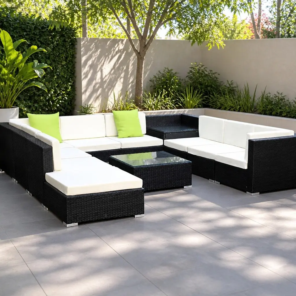 11 Piece Outdoor Wicker Sofa Set with Storage Cover Black Lounge Furniture
