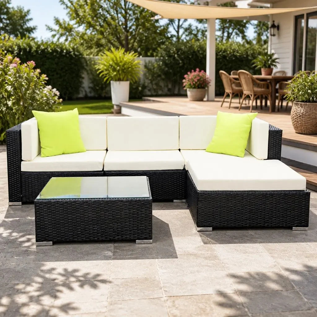 5-Piece Outdoor Sofa Set Wicker Lounge Couch 4 Seater Garden Furniture Black Beige Lime Green