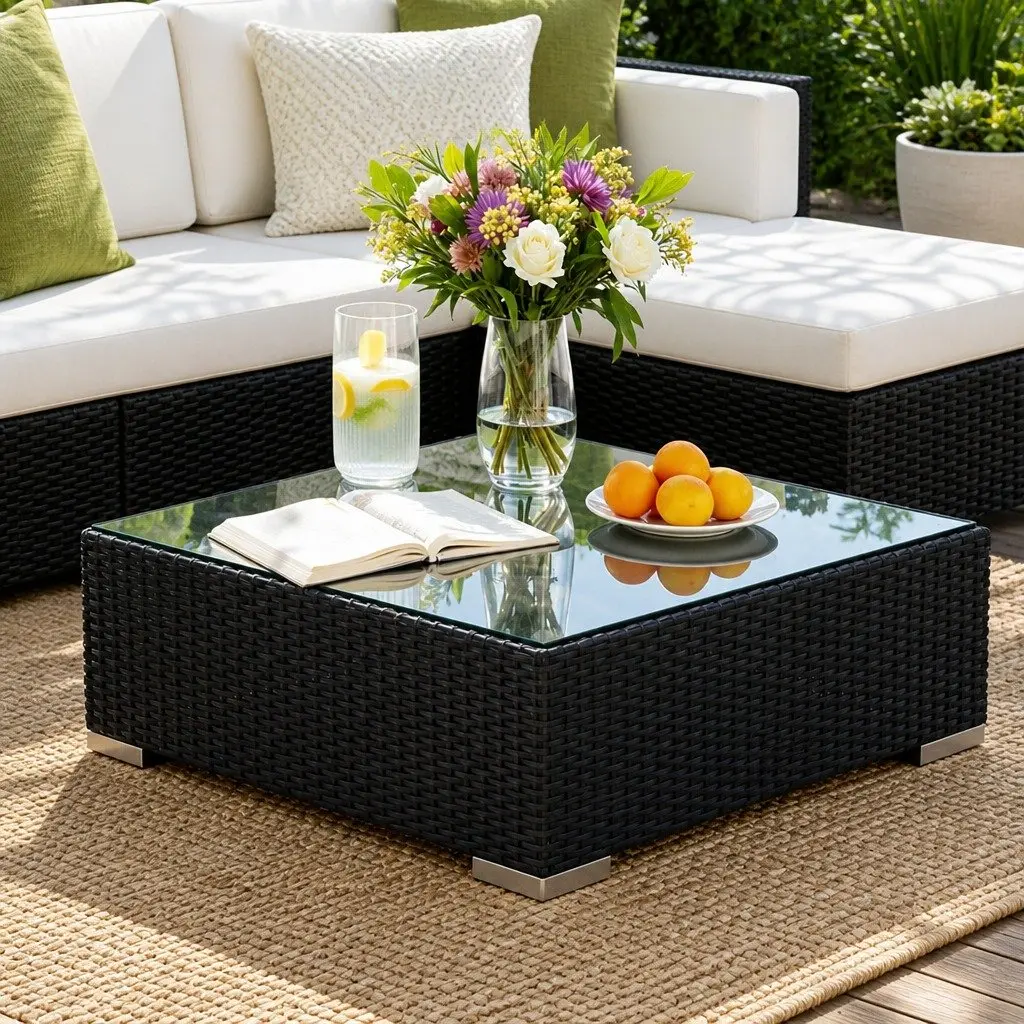 5 Piece Outdoor Wicker Sofa Set Black Lounge with Cushions and Glass Table