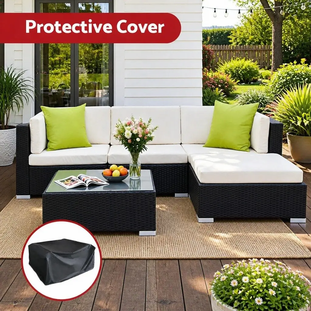5 Piece Outdoor Wicker Sofa Set Black Lounge with Cushions and Glass Table