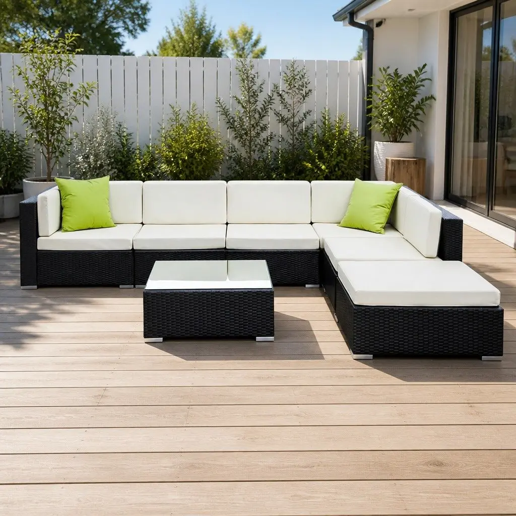7-Piece Outdoor Sofa Set Wicker Lounge Couch Black with Storage Cover