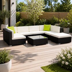 8-Piece Outdoor Sofa Set Wicker Lounge Couch Setting with Storage Cover Black