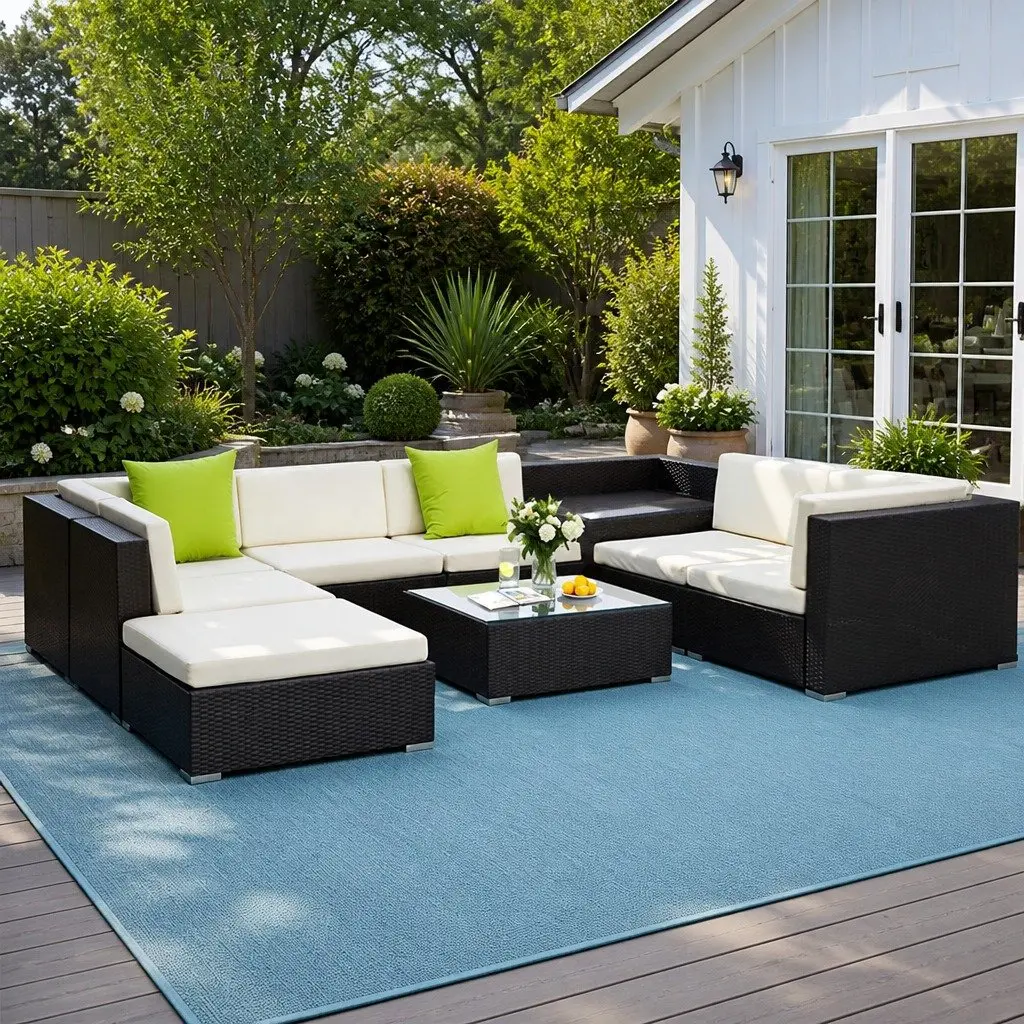 9-Piece Outdoor Sofa Set Wicker Lounge Couch Corner Table Cushions Black
